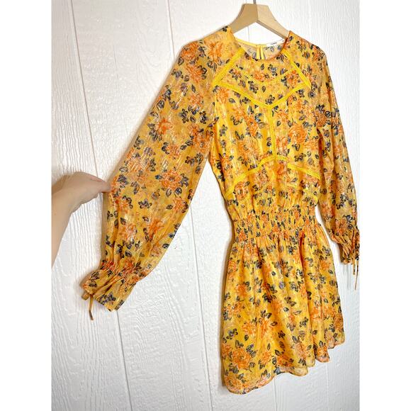 TULAROSA Camden Metallic Yellow Floral Ruffle Long Sleeve Dress SMALL - Picture 8 of 13